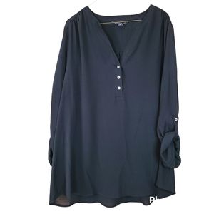 Zac & Rachel Black Roll-Tab Sleeve V-neck Blouse Size 1X Bohemian Relaxed-Fit